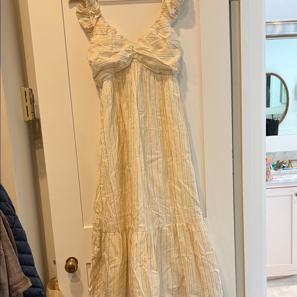 Never worn Women's Sleeveless Cream Striped Midi Dress with metallic thread